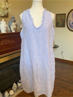 HIHO • Blue White Linen Striped Shift Dress Frayed Trim Resort Coastal • Size L
